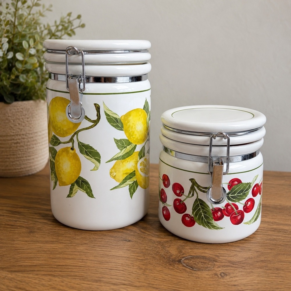 American Atelier Harvest Fruit Stoneware Canister Set 2pc Lemon Cherry 5013